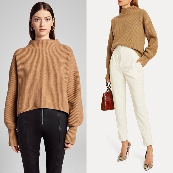 ALC Wool Cashmere Ribbed Knit Oversized Balloon Sleeve Boxy Mockneck Sweater XL - Picture 1 of 16